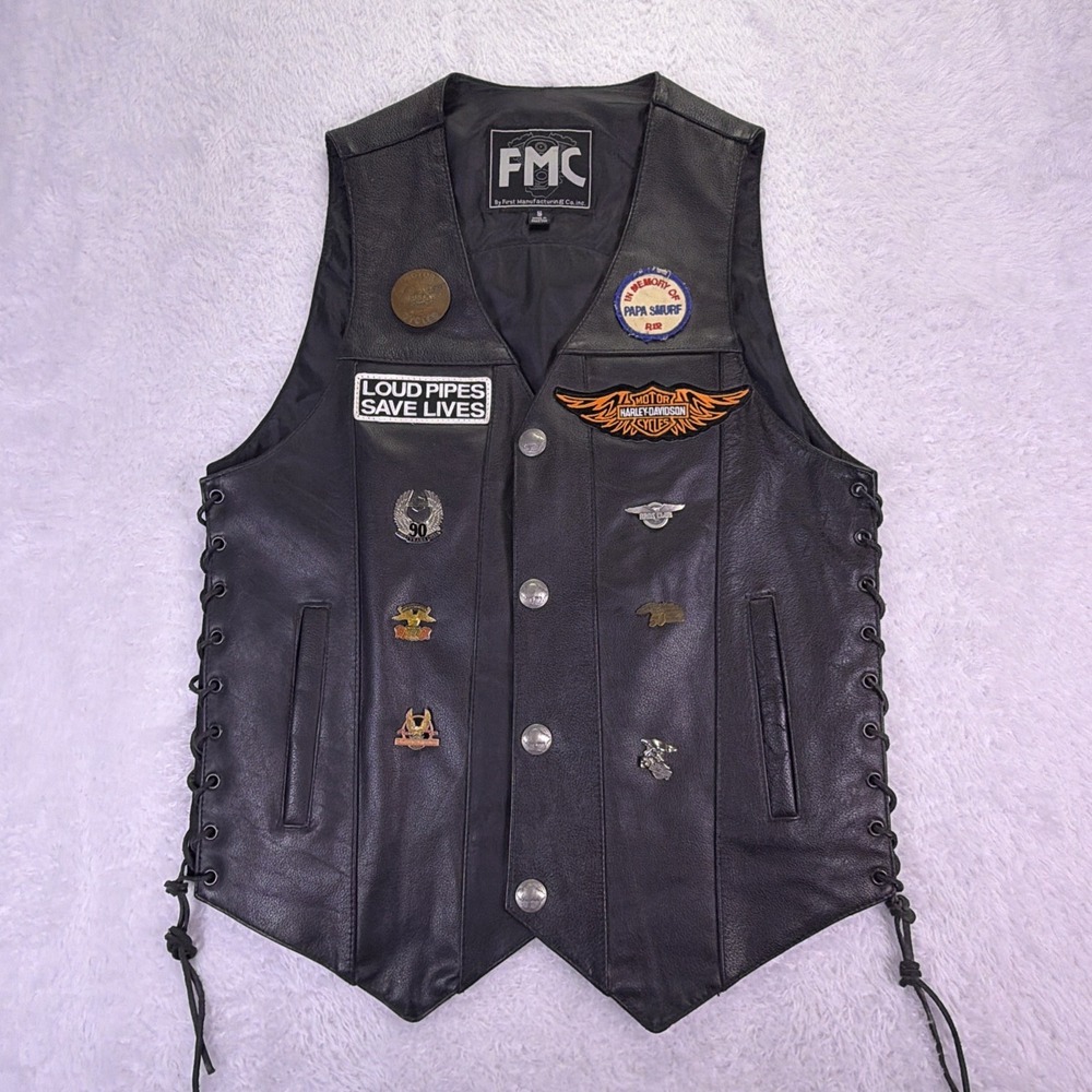 Vintage FMC Black Leather Biker Vest w/Vintage‎ Harley Pins & Patches Mens Small